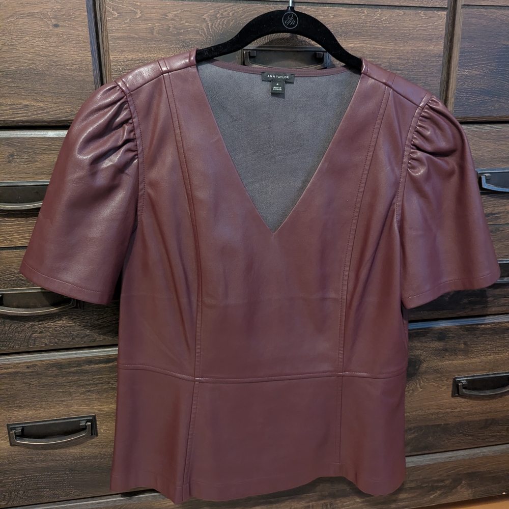 Ann Taylor Deep Burgundy Faux Leather Peplum Top